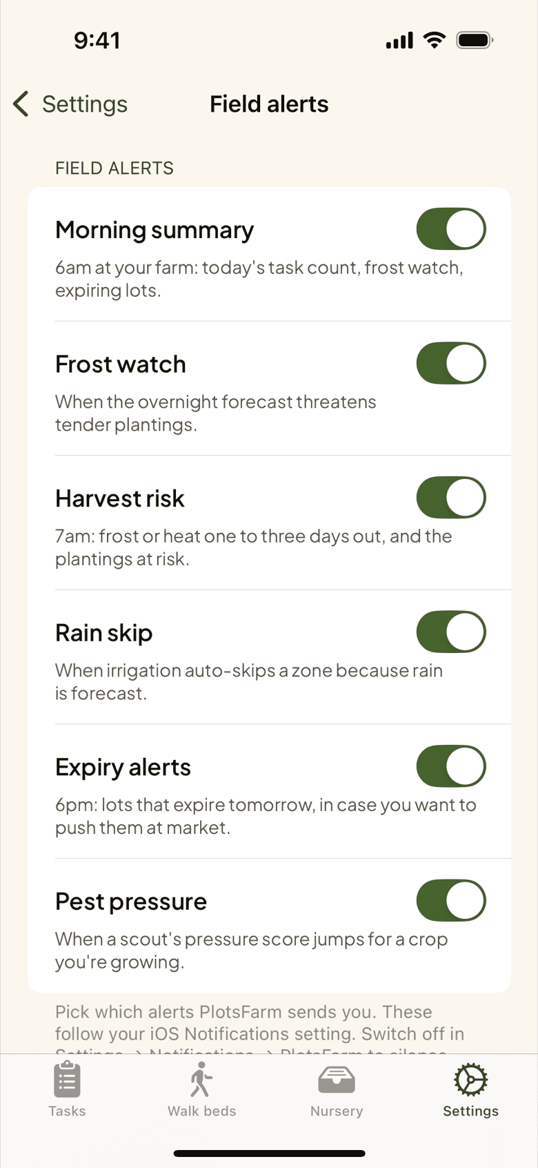 Field alerts in the iPhone app: morning summary, frost watch, harvest risk, rain skip, expiry and pest pressure, each its own switch.