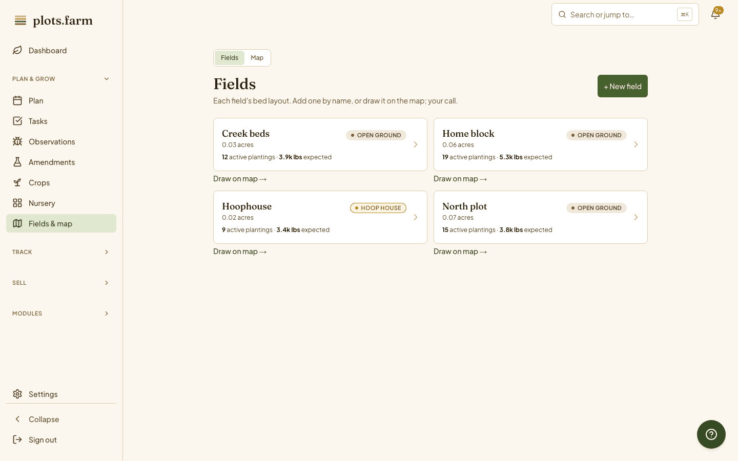 The Fields page: fields and beds with cover state and rotation history.