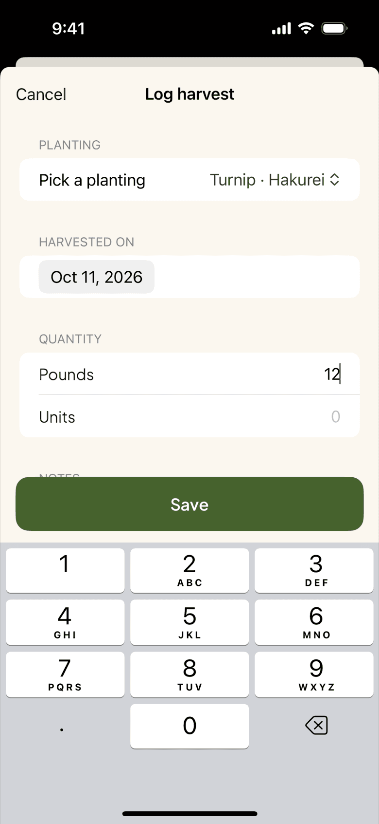 Logging a harvest in the iPhone app at bed A3: the turnip planting picked from the bed, today's date, 12 pounds.