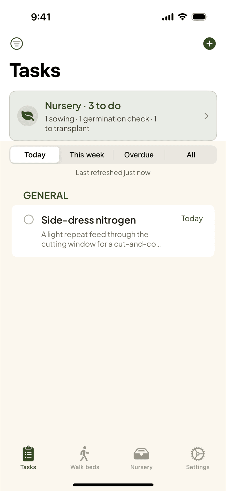 The iPhone app's Tasks tab on Today: the nursery card with three to do, and a side-dress task due today.