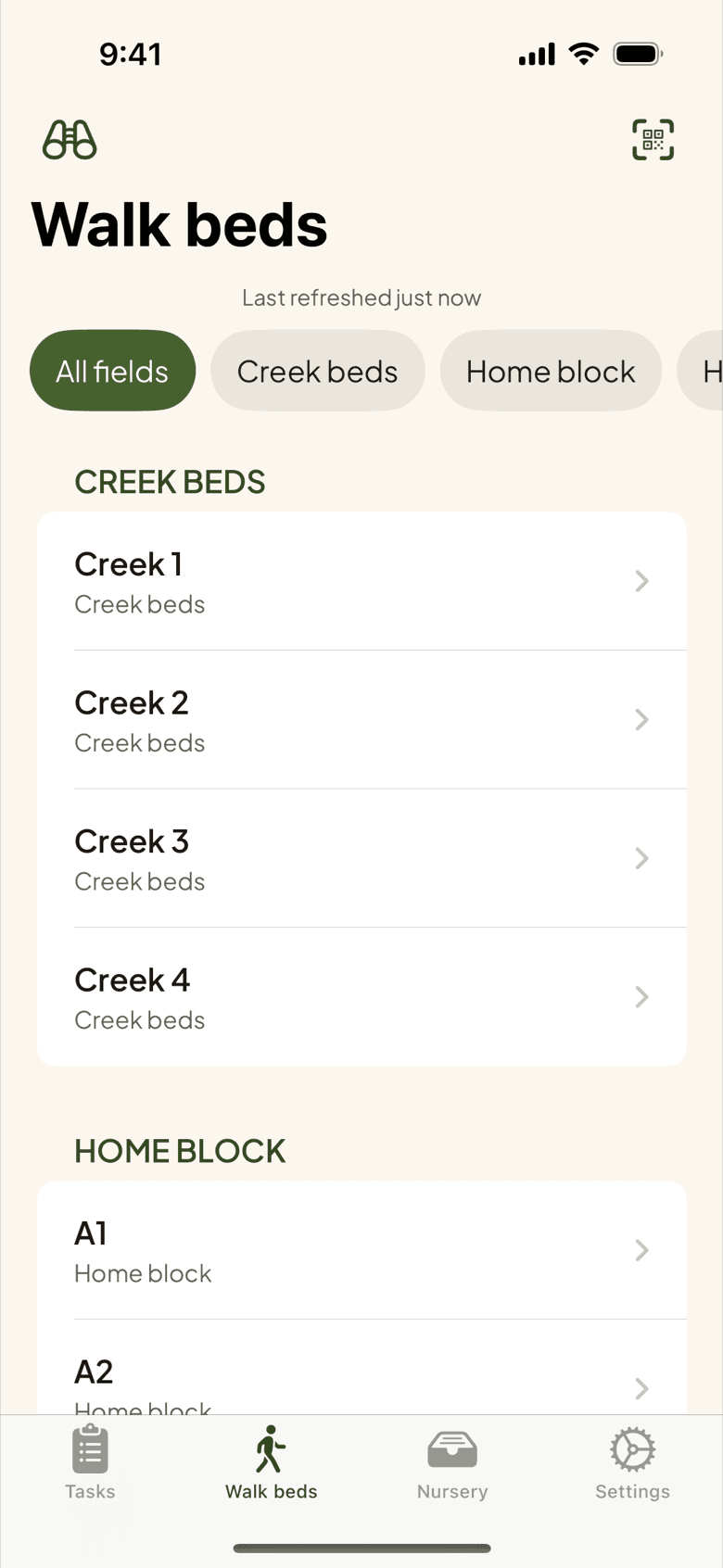 The iPhone app's Walk beds tab: beds grouped by field, Creek beds and Home block, with the QR scan button.
