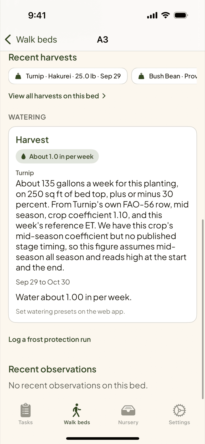 The watering card for bed A3 in the iPhone app: about 1 inch a week for the turnips, and the link to log a frost protection run.
