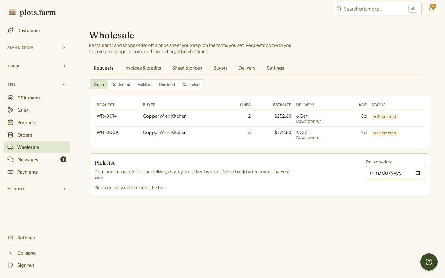 Wholesale: this week's availability sheet, buyer accounts and open invoices.
